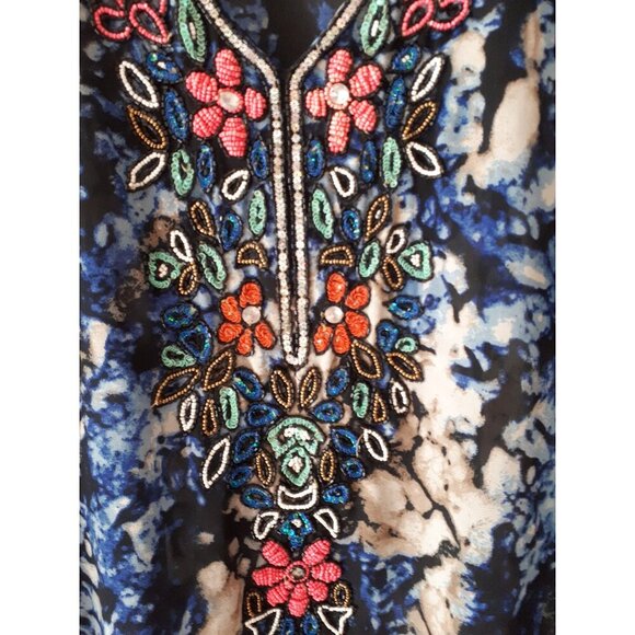 EUC Lucky & Coco blue, black & beige abstract print beaded sequined tunic caftan - Picture 9 of 9